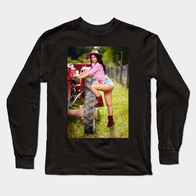 Sexy farmer girl in hat near the tractor Long Sleeve T-Shirt by naturalis